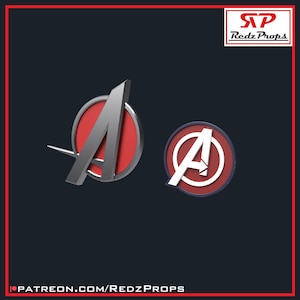 May include: Two Avengers logo designs. One is a 3D silver and red emblem with a stylized "A" and a silver wing. The other is a flat design with a white "A" inside a red circle, bordered by blue. The background is dark gray.