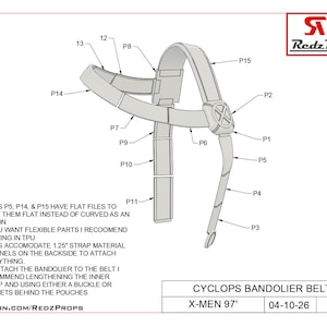 May include: A schematic diagram of a Cyclops bandolier belt from X-Men '97. The design is in shades of gray and white, with labels indicating various parts. The text includes notes on printing and attachment methods. The Redz Props logo is in the upper right corner.