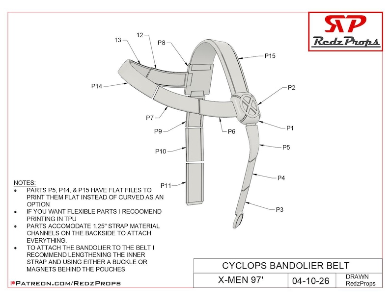 May include: A schematic diagram of a Cyclops bandolier belt from X-Men '97. The design is in shades of gray and white, with labels indicating various parts. The text includes notes on printing and attachment methods. The Redz Props logo is in the upper right corner.
