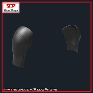 May include: Two black plastic pieces for a costume, one is a curved piece and the other is a more angular piece.