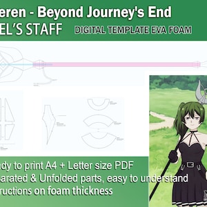 Op de afbeelding: Digitale sjabloon voor het maken van een staf uit de anime "Frieren: Beyond Journey's End". De sjabloon bevat instructies voor de dikte van het schuim en is klaar om te printen op A4- of Letterformaat papier. De sjabloon is gescheiden in uitgevouwen delen voor eenvoudige montage.
