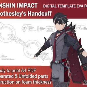 May include: A digital template for a Genshin Impact character's handcuff, made from EVA foam. The template includes instructions on foam thickness and is ready to print on A4 paper. The template is separated into unfolded parts for easy assembly.