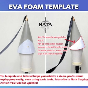 May include: An EVA foam template for cosplay props. The image shows a gray cone-shaped structure with a white section and a black strap. Text at the top reads "EVA FOAM TEMPLATE." The template is designed to help create professional cosplay props.