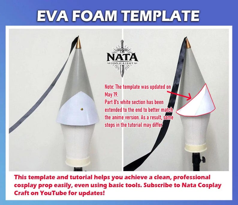 May include: An EVA foam template for cosplay props. The image shows a gray cone-shaped structure with a white section and a black strap. Text at the top reads "EVA FOAM TEMPLATE." The template is designed to help create professional cosplay props.