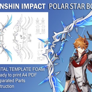May include: A digital template for a foam craft project of the Polar Star Bow from the video game Genshin Impact. The template includes instructions and separated parts for easy assembly. The image shows a character from the game holding the completed bow.