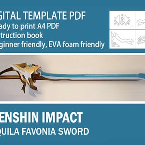 Puede incluir: Un modelo PDF digital para un accesorio de espada Aquila Favonia de Genshin Impact. El modelo está listo para imprimir en papel A4 e incluye instrucciones. La espada está hecha de espuma EVA.