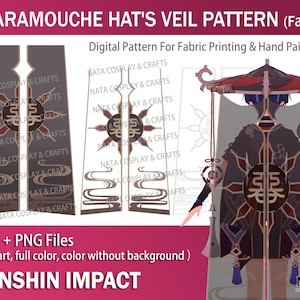 Puede incluir: Patrón digital para el velo del sombrero de Scaramouche, para impresión en tela y pintura a mano. Incluye arte lineal, a todo color y color sin fondo. El texto "GENSHIN IMPACT" es visible. Disponible en archivos PDF y PNG.