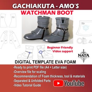 May include: Image of a digital template for EVA foam Watchman boots. The image shows a pair of gray boots with black straps and a diagram of the boot's components. Text includes "Beginner Friendly" and "Video support."