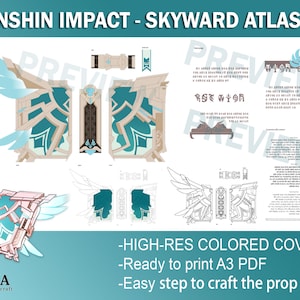 Op de afbeelding: Een printbaar PDF-patroon voor het maken van een replica van de Skyward Atlas, een zwaard uit het videospel Genshin Impact. Het patroon bevat een gekleurde omslag en gedetailleerde instructies voor het maken van de rekwisiet.