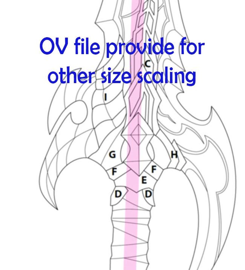 May include: Line drawing of a sword with a detailed design. The sword is divided into sections labelled with letters A through I. The text "OV file provide for other size scaling" is written above the sword.