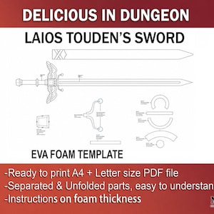 Laios Touden sword Delicious in Dungeon cosplay Kensuke Template Pattern PDF for EVA foam prop