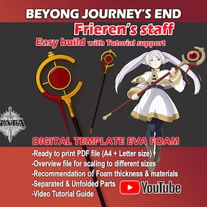 May include: A digital EVA foam template for Frieren's staff, featuring a gold-colored circular head with a central red orb. The design includes a long, thin shaft, a character illustration, and text: BEYONG JOURNEY'S END, Frieren's staff, DIGITAL TEMPLATE EVA FOAM.