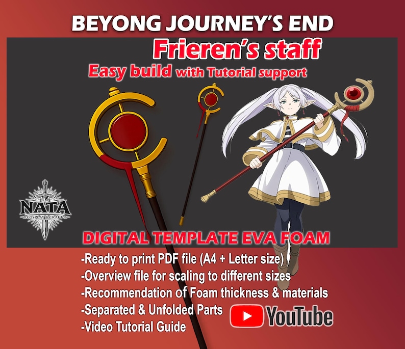 May include: A digital EVA foam template for Frieren's staff, featuring a gold-colored circular head with a central red orb. The design includes a long, thin shaft, a character illustration, and text: BEYONG JOURNEY'S END, Frieren's staff, DIGITAL TEMPLATE EVA FOAM.