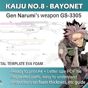 Op de afbeelding: Een digitaal sjabloon voor een wapen uit de anime-serie Kaiju No. 8. Het sjabloon is voor een wapen genaamd "GS-3305" en is ontworpen om te worden afgedrukt op A4- of Letterformaat papier. Het sjabloon is gemaakt voor gebruik met EVA-schuim.