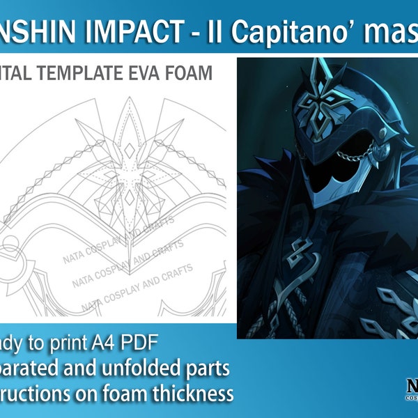 Genshin Impact cosplay prop Il Capitano's mask The Captain Fatui Harbingers DIY Digital template pattern blueprint EVA foam