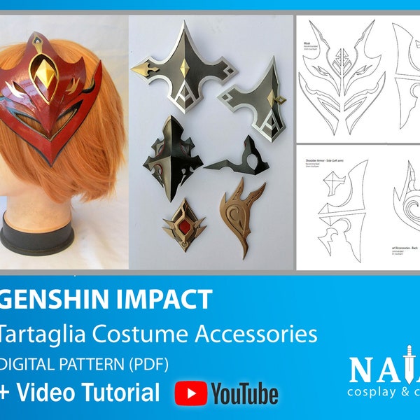 Genshin Impact Cosplay Prop - Tartaglia Childe 11th Harbringer Masque, Armure et accessoires, Modèle de bricolage numérique Plan en mousse EVA