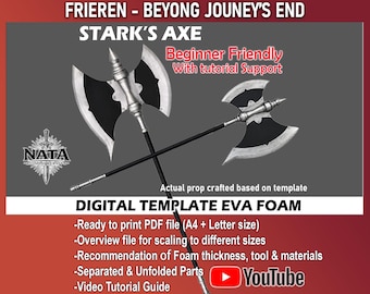 May include: A digital template for Stark's Axe from Frieren: Beyond Journey's End, featuring two crossed double-bladed axes with silver blades and black centers. The graphic includes text: "FRIEREN - BEYOND JOURNEY'S END", "STARK'S AXE", and "DIGITAL TEMPLATE EVA FOAM".