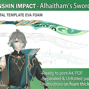 Può includere: Un modello digitale per una spada del videogioco Genshin Impact. Il modello è per la spada di Alhaitham ed è progettato per essere stampato su carta A4 e ritagliato in schiuma EVA. Il modello include istruzioni sullo spessore della schiuma.