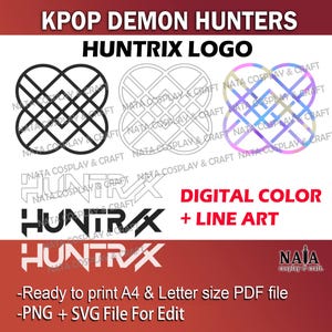 May include: A digital graphic design featuring the "HUNTRIX LOGO" in multiple styles. The design includes a black and white logo, a line art version, and a digital color version. Text includes "KPOP DEMON HUNTERS" and "DIGITAL COLOR + LINE ART".