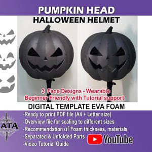 May include: A black pumpkin head Halloween helmet digital template for EVA foam. The image displays two views of the assembled helmet with a carved jack-o'-lantern face, alongside three face design options and text details for printing.