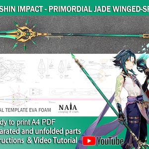 May include: A detailed image of the Primordial Jade Winged-Spear from Genshin Impact. The spear features a green and gold design with intricate details. The image also includes a character illustration and a digital template for EVA foam.