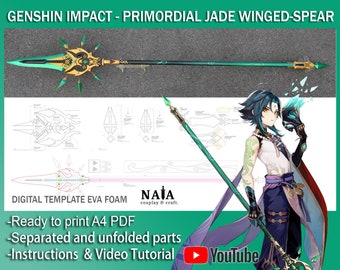 Genshin Auswirkungen Cosplay Prop - Primordial Jade geflügelte Speer Xiao Waffe, Digitale DIY-Vorlage Muster Entwurf Stangenwaffe Lanze