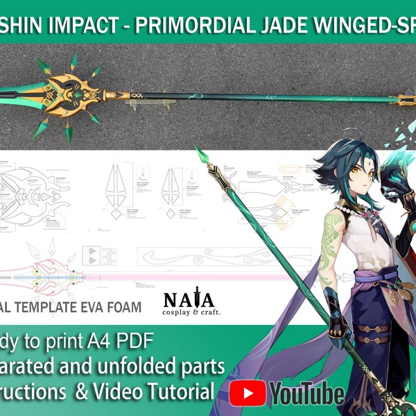 Genshin Auswirkungen Cosplay Prop - Primordial Jade geflügelte Speer Xiao Waffe, Digitale DIY-Vorlage Muster Entwurf Stangenwaffe Lanze