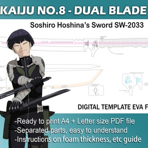May include: A digital template for a dual blade sword, designed for use with EVA foam. The template is ready to print in A4 or Letter size PDF format. The template includes separated parts, making it easy to understand, and instructions on foam thickness.