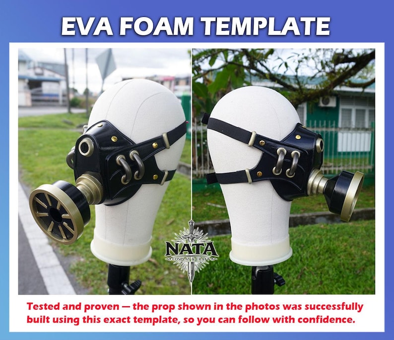 K&ouml;nnte beinhalten: Schwarz-goldene Steampunk-Maske auf einem wei&szlig;en Schaufensterkopf. Die Maske hat einen kreisf&ouml;rmigen Atemschutz, dekorative Metallakzente und verstellbare Riemen. Der Text "EVA FOAM TEMPLATE" befindet sich oben im Bild.