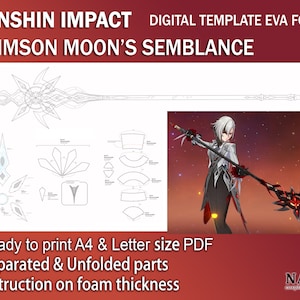 Può includere: Un modello digitale per un'arma di Genshin Impact, Crimson Moon's Semblance, realizzata in schiuma EVA. Il modello include istruzioni sullo spessore della schiuma ed è pronto per essere stampato in formato PDF A4 o Letter.