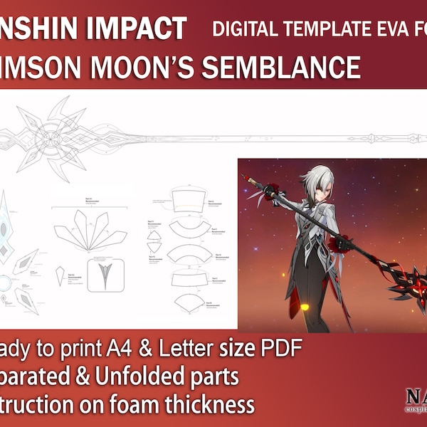 Crimson Moon's Semlance – Genshin Impact Cosplay Prop Arlecchino Waffe Lanze Stangenwaffe Digitale DIY Vorlage Muster Blaupause