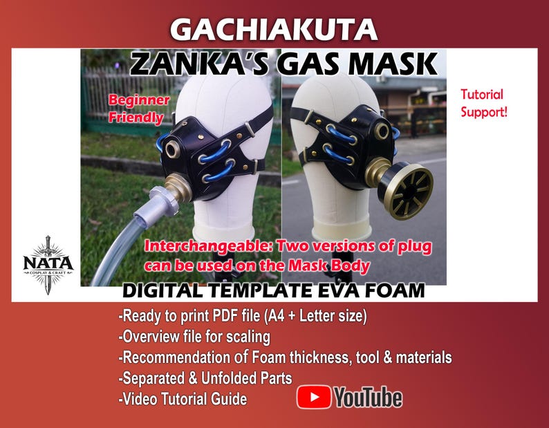 Może przedstawiać: Czarna i złota maska gazowa z niebieskimi akcentami, pokazana na głowie manekina. Maska jest oznaczona jako "Zanka's Gas Mask". Obraz zawiera tekst "Beginner Friendly" i "Digital Template EVA Foam".