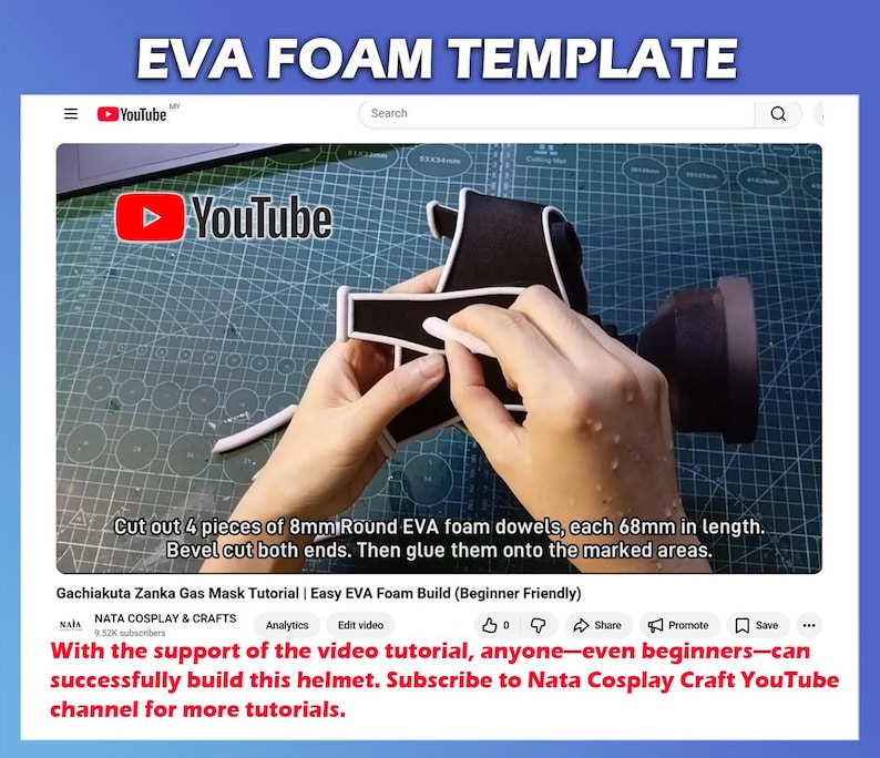 Może przedstawiać: Film z YouTube zatytułowany "EVA FOAM TEMPLATE" pokazuje osobę pracującą nad czarno-białą maską z pianki EVA. Film zawiera instrukcje dotyczące cięcia 4 kawałk&oacute;w kołk&oacute;w piankowych EVA o średnicy 8 mm, każdy o długości 6,8 cm. Samouczek dla początkujących.