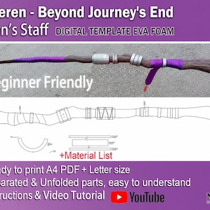 Puede incluir: Una plantilla digital para el bastón de Fern de Frieren: Beyond Journey's End, que presenta un diseño de bastón marrón y morado con detalles plateados, junto con un plano de dibujo lineal, lista de materiales e instrucciones para espuma EVA.