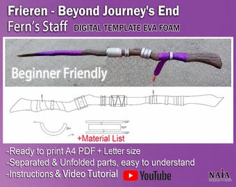 May include: A digital template for Fern's staff from Frieren: Beyond Journey's End, featuring a brown and purple staff design with silver accents, alongside a line drawing blueprint, material list, and instructions for EVA foam construction.