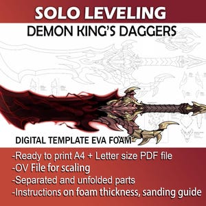 May include: Digital template for crafting a red and gold demon king's dagger from EVA foam. The template includes instructions on foam thickness, sanding, and assembly.  The template is available in A4 and Letter size PDF formats.