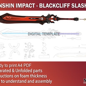 Può includere: Un modello digitale per una spada Blackcliff Slasher del videogioco Genshin Impact. Il modello è pronto per essere stampato su carta A4 e include istruzioni sullo spessore della schiuma. Il modello è separato in parti dispiegate per un facile assemblaggio.