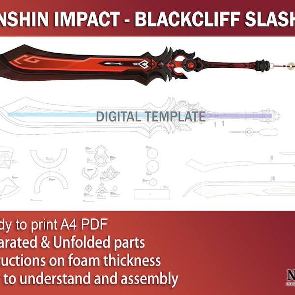 Genshin Auswirkungen Cosplay Prop - Black Cliff Slasher Digitale DIY Vorlage Muster blueprint EVA Schaum Diluc Rasiermesser Eula Claymore Schwert