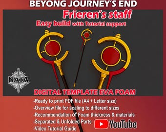 May include: A digital template for a Frieren staff made of EVA foam, featuring a gold and red circular head design with a long black handle. The image includes text: BEYONG JOURNEY'S END, Frieren's staff, Easy build with Tutorial support, DIGITAL TEMPLATE EVA FOAM.