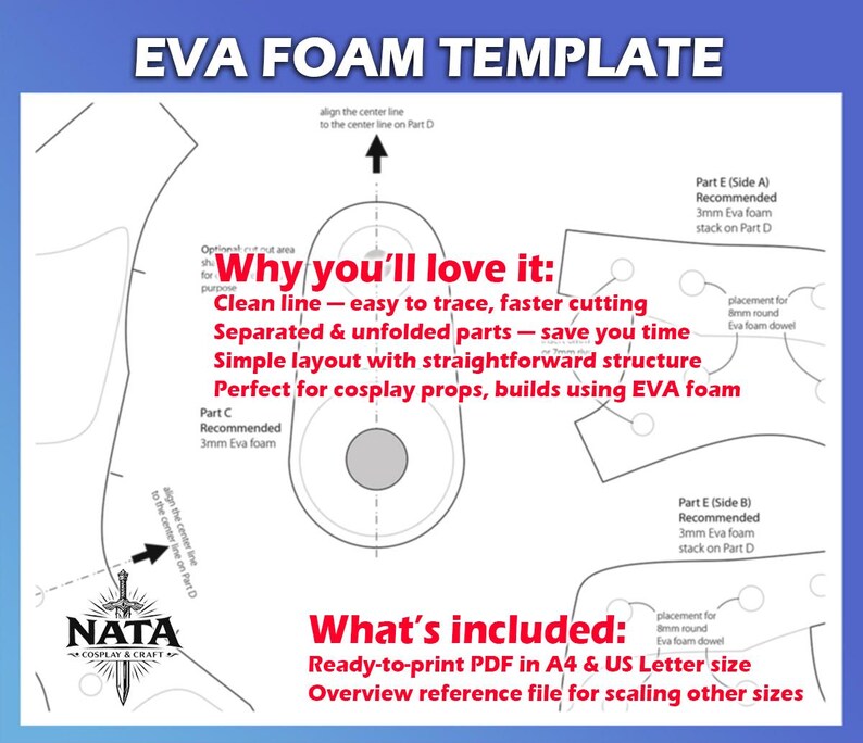 Może przedstawiać: Niebiesko-biały szablon pianki EVA z tekstem "EVA FOAM TEMPLATE". Szablon zawiera szczeg&oacute;łowe schematy i instrukcje dla projekt&oacute;w cosplay. Tekst na szablonie zawiera "Why you'll love it" i "What's included".