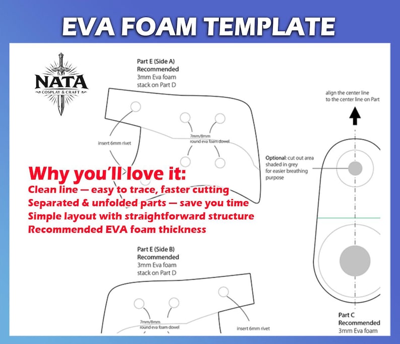 K&ouml;nnte beinhalten: Eine EVA-Schaumstoffvorlage mit detaillierten Diagrammen und Text. Das Design umfasst beschriftete Teile, Ma&szlig;e und Anweisungen f&uuml;r Cosplay-Projekte. Der Text enth&auml;lt "EVA FOAM TEMPLATE" und "Why you'll love it:" mit Schl&uuml;sselfunktionen.