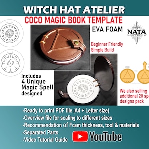 May include: A promotional image for a Coco Magic Book template, featuring a brown foam book with a triangular design and a white circular design. Text includes "Witch Hat Atelier," "EVA Foam," and "Beginner Friendly." Additional spell designs are also advertised.