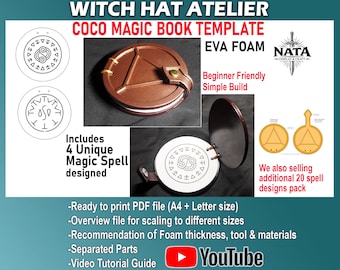 May include: A promotional image for a Coco Magic Book template, featuring a brown foam book with a triangular design and a white circular design. Text includes "Witch Hat Atelier," "EVA Foam," and "Beginner Friendly." Additional spell designs are also advertised.