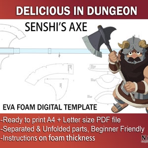 Pode incluir: Um modelo digital para um machado de Senshi do anime Delicious in Dungeon. O modelo é para uso com espuma EVA e inclui instruções sobre a espessura da espuma. O modelo está pronto para imprimir em papel A4 ou Letter e inclui partes separadas e desdobradas.