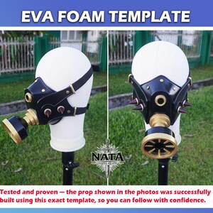 May include: Two views of a black and gold EVA foam gas mask template. The mask features a black leather-like faceplate with gold accents, rivets, and spikes. The text "EVA FOAM TEMPLATE" is at the top. The text "Tested and proven" is at the bottom.