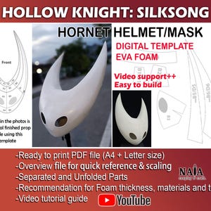 Peut inclure: Gabarit numérique pour un casque/masque Hornet de Hollow Knight: Silksong. L'image montre un masque en mousse EVA blanc, un schéma et des instructions. Comprend un fichier PDF prêt à imprimer, un fichier d'aperçu et un guide vidéo.