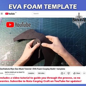 K&ouml;nnte beinhalten: Ein YouTube-Video mit dem Titel "EVA FOAM TEMPLATE" zeigt ein Tutorial zur Herstellung einer Gasmaske aus EVA-Schaum. Das Video enth&auml;lt Anweisungen und eine Vorlage. Das Video stammt von NATA COSPLAY & CRAFTS.