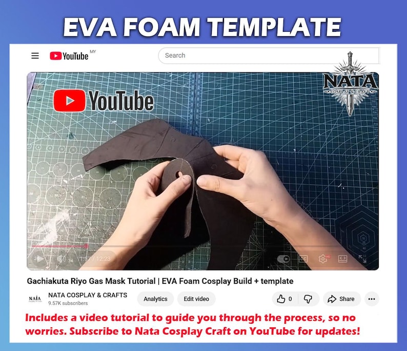 K&ouml;nnte beinhalten: Ein YouTube-Video mit dem Titel "EVA FOAM TEMPLATE" zeigt ein Tutorial zur Herstellung einer Gasmaske aus EVA-Schaum. Das Video enth&auml;lt Anweisungen und eine Vorlage. Das Video stammt von NATA COSPLAY & CRAFTS.
