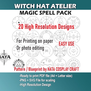 May include: A digital download graphic design pack with 20 high-resolution magic spell designs. The image includes the text "Witch Hat Atelier Magic Spell Pack" and "For Printing on paper or photo editing". The designs are ready to print in PDF, PNG, and SVG formats.