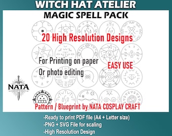 May include: A digital download graphic design pack with 20 high-resolution magic spell designs. The image includes the text "Witch Hat Atelier Magic Spell Pack" and "For Printing on paper or photo editing". The designs are ready to print in PDF, PNG, and SVG formats.